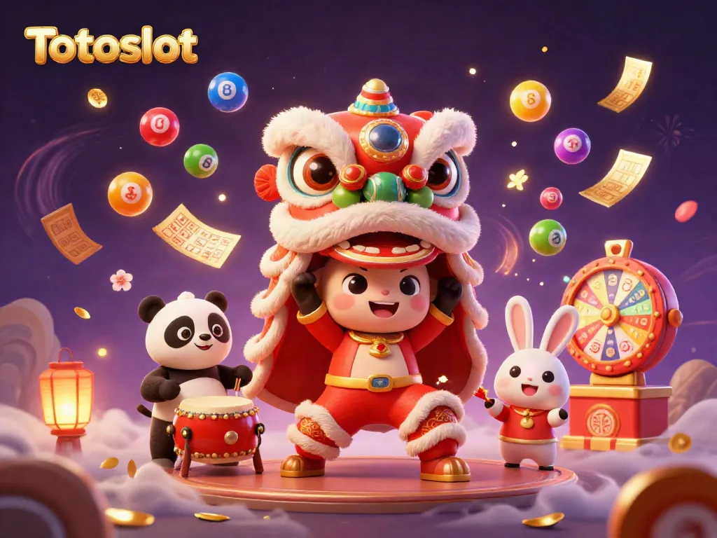 Gambarlah Totoslot yang menggambarkan pertunjukan sirkus dengan bola lotere warna-warni dan dekorasi merah dan emas.