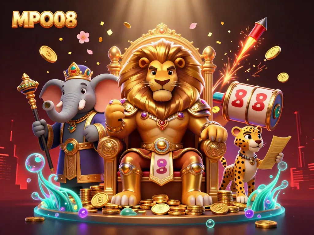 Experience the excitement of MPO08 with vibrant visuals of a lion king, elephant advisor, and cheetah messenger amidst casino elements.