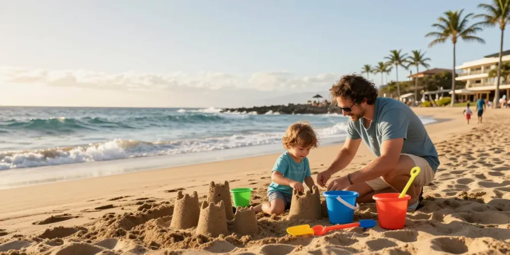 Tenerife Forum: Family enjoying a beach day with a toddler at sunset.