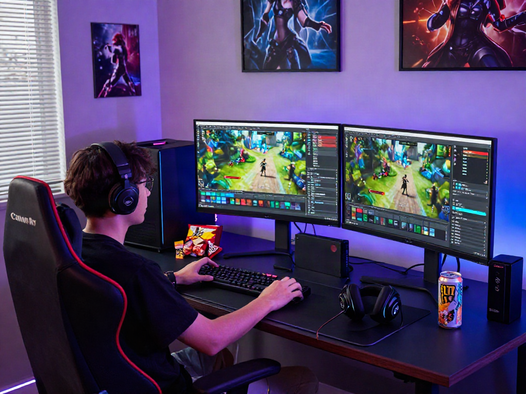 A gamer customizing MOD APK in a vibrant gaming setup with multiple monitors and snacks.