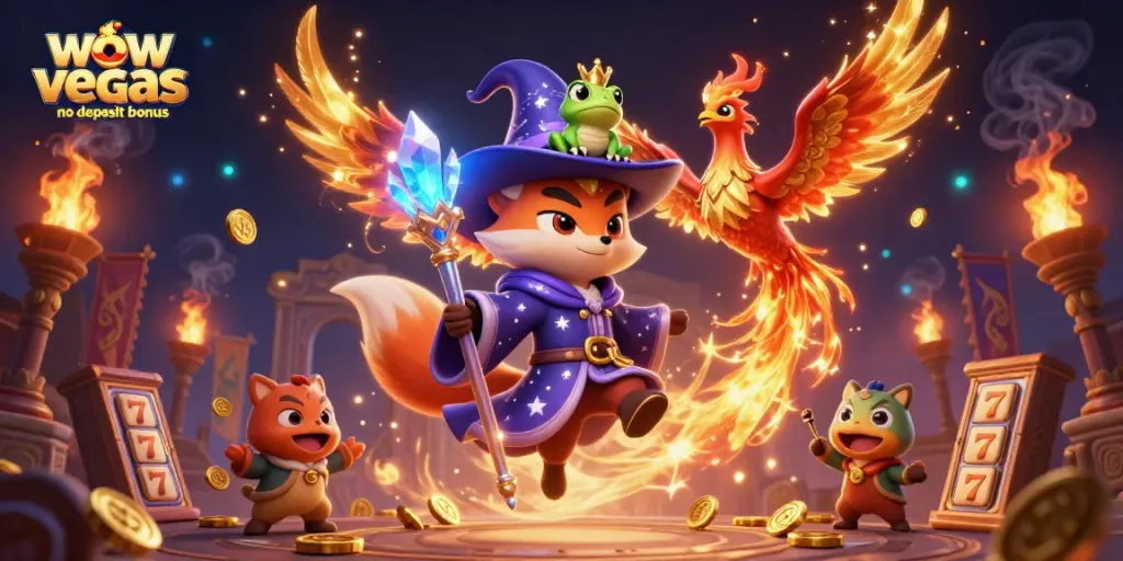 Spin and win with wow vegas no deposit bonus featuring a magical wizard and phoenix in a casino